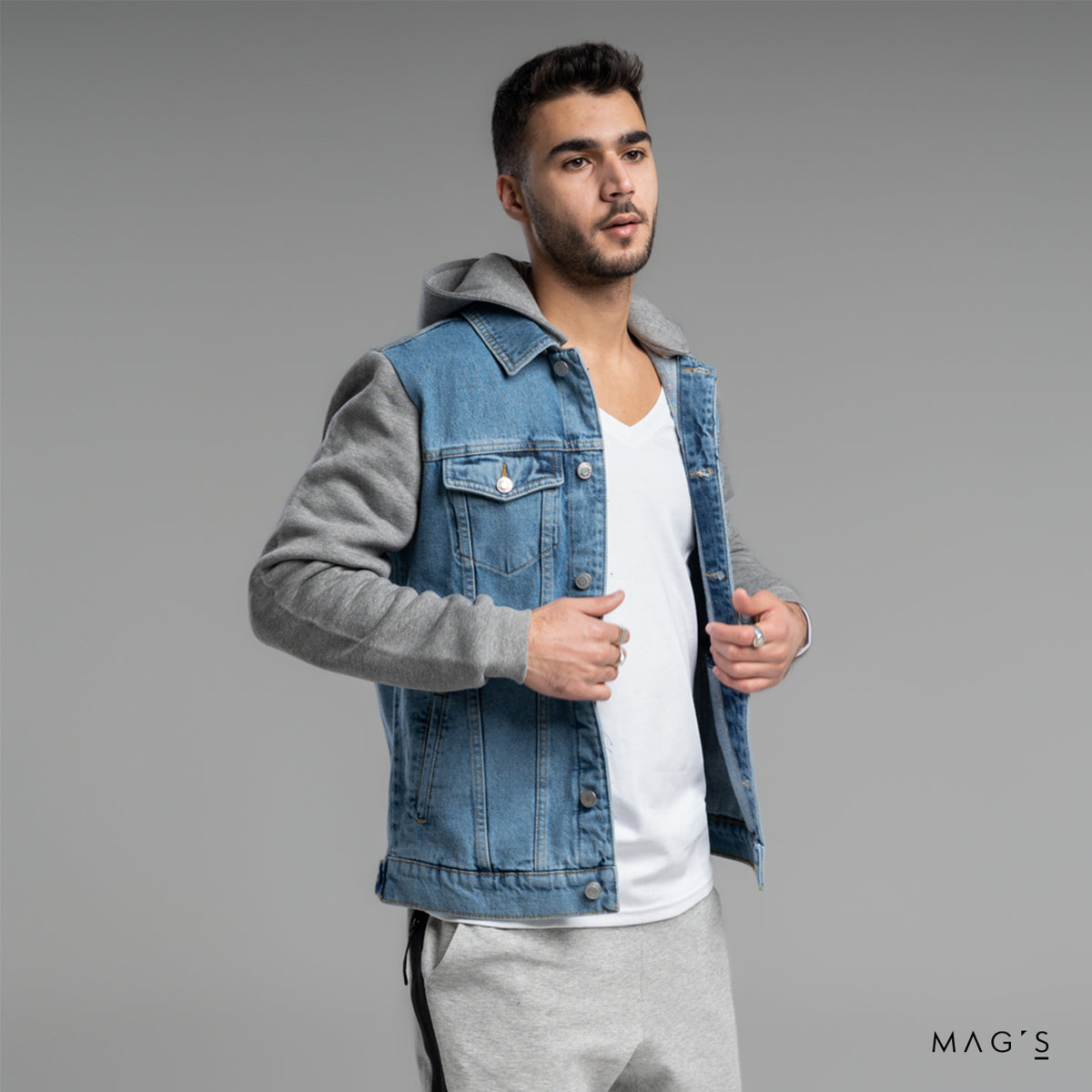 Denim hoodie with grey clearance sleeves